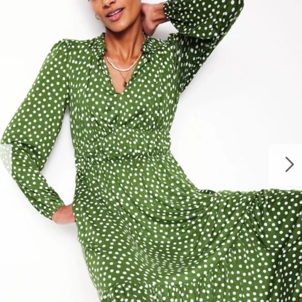Boden Rosamund‎ Jersey Midi Tea Dress Green Polka Dot 2P